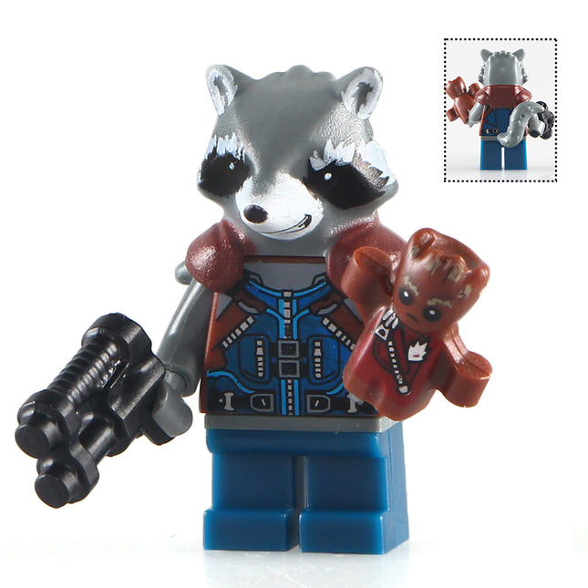 Rocket Raccoon with Baby Groot Custom Marvel Superhero Minifigure Guardians of the Galaxy - Minifigure Bricks